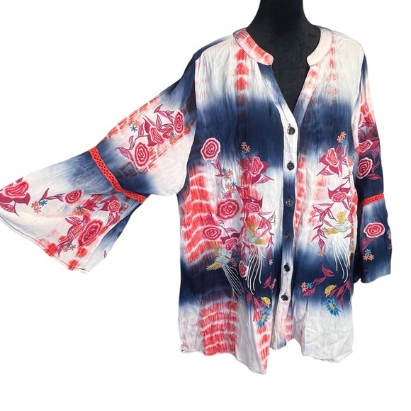 Calessa Boho Floral Tie-dye Cottagecore Embroidered Button Down Tunic Top XL - Picture 1 of 10